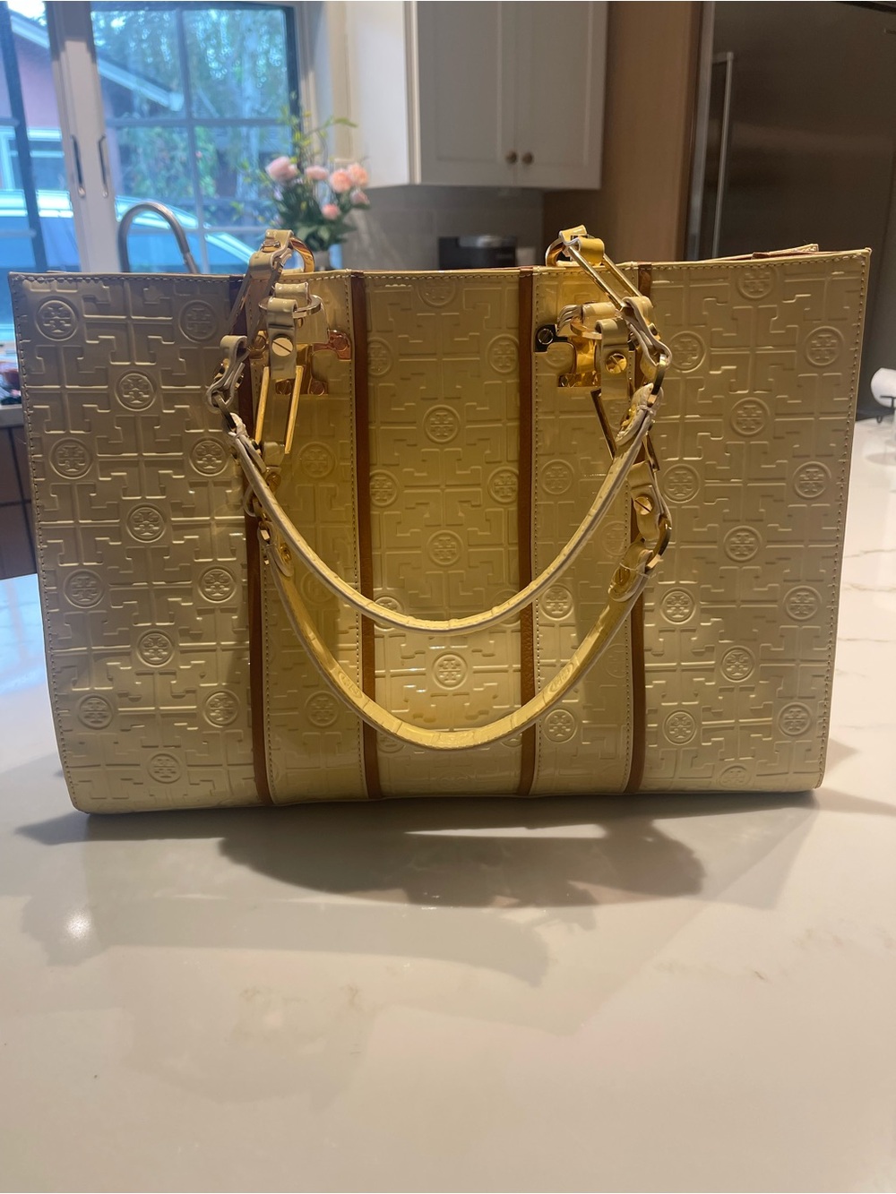 Tory Burch Embossed Pale Yellow Tote with Gold Hardware